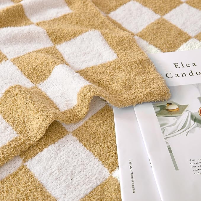 Checkered Throw Blanket for Couch, Soft Cozy Warm Knitted Blankets | Lightweight Fuzzy Travel Warm Decor for Women, Mom, Girls, Sofa, Chair, 60x80in, Khaki