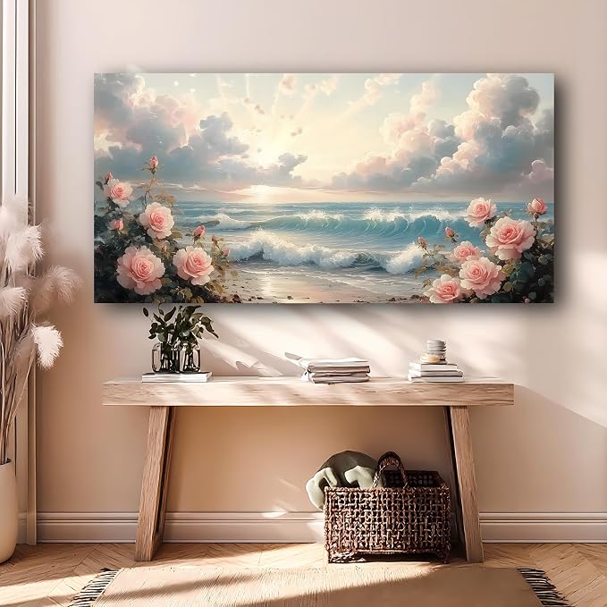 Haichuang Decor Art 40x20 Inch Pink Rose Ocean Canvas Wall Art, Sunset Beach Flower Seascape Print, Framed Ready to Hang for Living Room Bedroom Bathroom, Coastal Floral Wall Decor