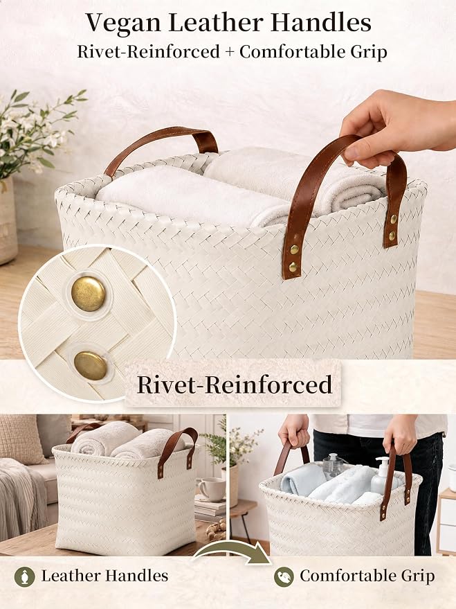 Wicker Storage Baskets, 4 Pack Woven Baskets for Shelves, White | PP Rattan, Water-resistant Wicker Basket, Large Baskets with Faux Leather Handles for Blanket, Laundry Organizer, Room Decor
