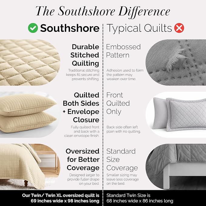 Southshore Fine Living, Inc. Twin XL Quilt Bedding Set, Dorm Room Essentials Bedding, Machine Washable Bedspread for Guest Room, Twin XL Beige Quilt Bed Spread w/Quilted Pillow Sham, Soft Sand