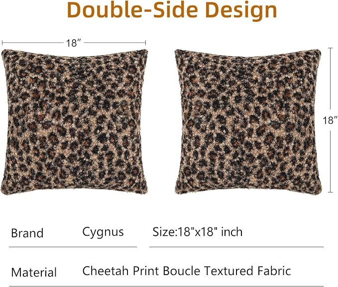 cygnus Cheetah Print Boucle Throw Pillow Covers 18x18 Inch | Set of 2 Soft Fuzzy Curly Textured Decorative Pillowcase, Leopard Pillows for Living Room Bedroom Stockholm Home Decor