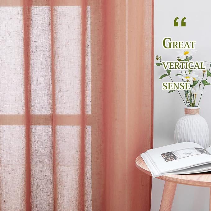 NICETOWN Semi Sheer Linen Curtains, Grommet Top Rustic Linen Burlap Curtains Privacy with Light Through Vertical Drapes for Bedroom/Home Office, Burnt Orange, W52 x L84, 1 Pair
