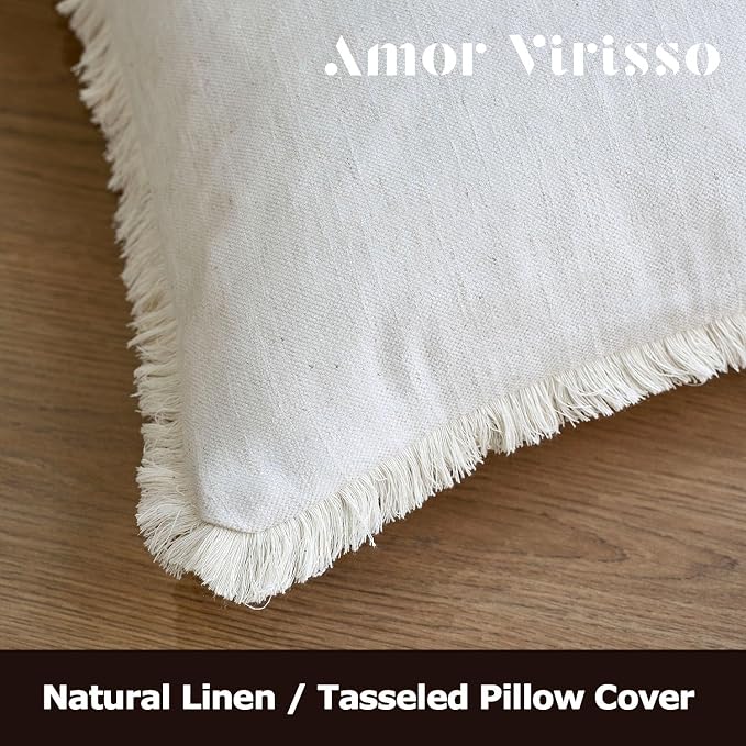 Amor Virisso Fringe Throw Pillow Covers 20x20 Set of 2 Boho Neutral Farmhouse Decorative Pillow Covers with Tassels for Couch Sofa Bed, Cream White