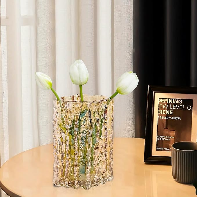 Aoderun Glass Vase Crystal Vase Heavy Duty Large Flower Vase for Dining Table Kitchen Office Home Shelf Wedding Living Room Centerpieces(Amber)
