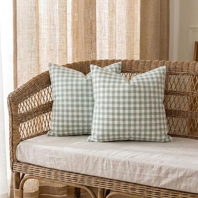 CARRIE HOME Set of 2 Farmhouse Sage Green Gingham Throw Pillow Covers 18x18 Checkered Plaid Decorative Pillow Cover Classic Retro Plaid Decor for Room Patio and Porch, Grey Green and White Gingham