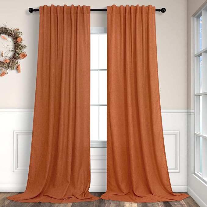 Burnt Orange Curtains 120 Inches Long for Living Room 2 Panel Set Back Tab Pocket Draperies Soft Linen Lightweight Light Filtering Semi Sheer Red Dark Orange Curtain for Dining Room Sliding Door 10 FT
