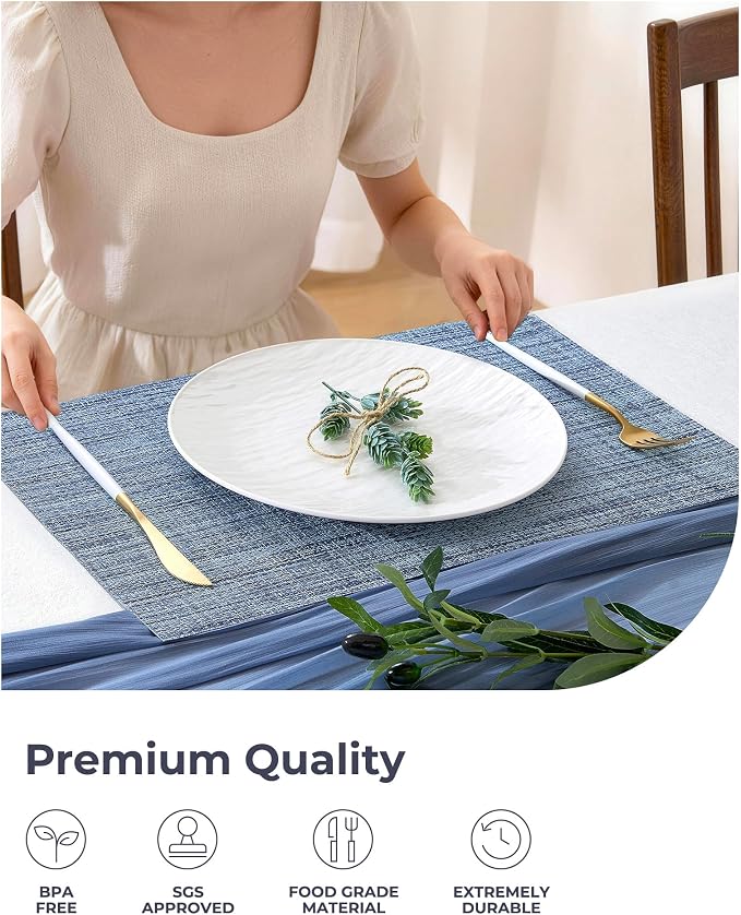 Leetaltree Deep Navy Woven Placemats Set of 8 - Heat Resistant Non-Slip Place mats for Dining Table, Washable Durable PVC Vinyl Woven Table Mats(Deep Navy, 8)