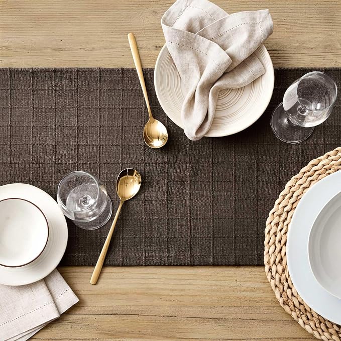ZeeMart Artisanal Grid Linen Table Runner, 13x108 Inches Chocolate | Heavy Textured, Durable Thick Fabric, Farmhouse Handwoven Feel Linen Runner, Easy Care Table Decor for Kitchen Dining Room