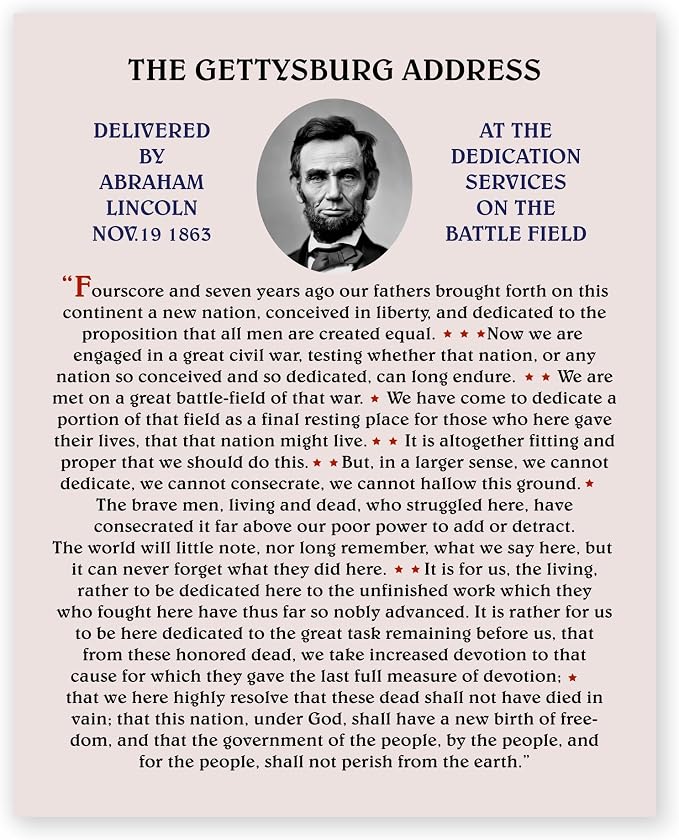 Abraham Lincoln Gettysburg Address Wall Art, History Print, 11x14 | Unframed patriotic speech poster. American classroom, office, den decor. Gift for teachers, veterans, history lovers