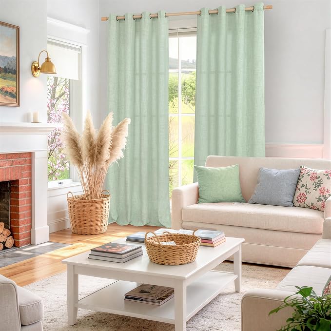 YoungsTex Sage Green Curtains, Linen Semi Sheer Drapes 84 Inch Long 2 Panel | Light Filtering with Grommet Window Treatments for Dining Bedroom Living Room, 52 X 84 Inch