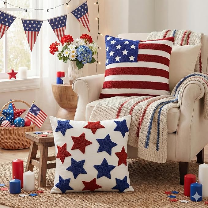 AVOIN colorlife 4th of July Patriotic Embroidered Throw Pillow Covers, 18 x 18 Inch Striped Star Flag Stars Decor Tufted Patterned Linen Cushion Case for Sofa Couch Set of 2