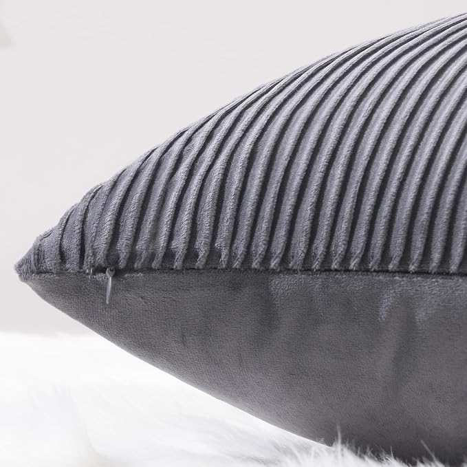 YCOLL Gray Pillow Covers 22x22 Set of 2 Velvet Striped Pattern - Soft Throw Pillows for Home Decor, Luxury Decorative Pillow Covers for Couch, Bed,Living Room