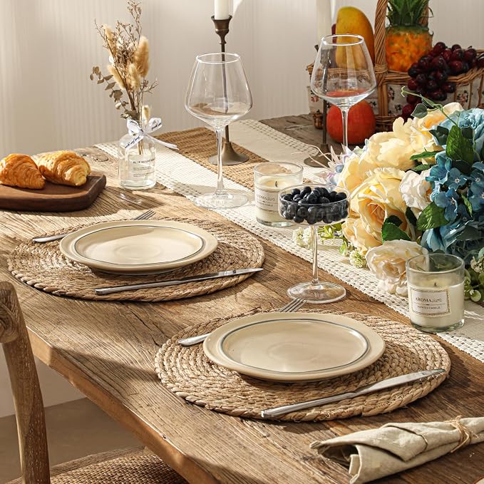 13.8'' Round Woven Placemats Set of 4, Boho Wicker Chargers, Terrekraft | Handmade from Natural Water Hyacinth, Heat-resistant & Non-slip Rattan Chargers, Rustic Farmhouse Decor, Party & Daily Dining