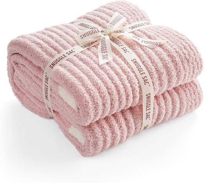 Snuggle Sac Fluffy Ribbed Pink Blanket Twin Size, Soft Luxurious Knit Throw, Fuzzy Plush Microfiber Blankets for Couch, Sofa, Bed, Pink, 60x80 inches