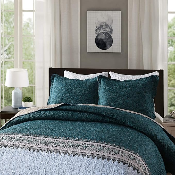 Travan 3-Piece King Quilt Set Quilted Bedspread Oversized Microfiber Soft Lightweight Bedding Set with Shams for All Season, Blue Ocean, King Size