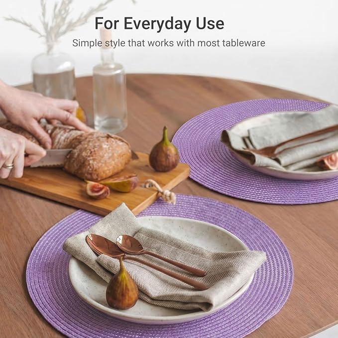 FunWheat Round Braided Placemats Set of 4 Table Mats for Dining Tables Woven Washable Non-Slip Place mats 15 inch(Lilac Purple,4pcs)