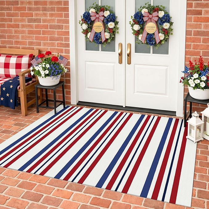 KILOCOCO 250th Anniversary Patriotic Striped Rug 4x6 ft, Red Blue White | Washable Front Door Rug, Woven Welcome Mat for Front Porch, Outdoor Rug for Memorial Day, Indoor Independence Day Decor