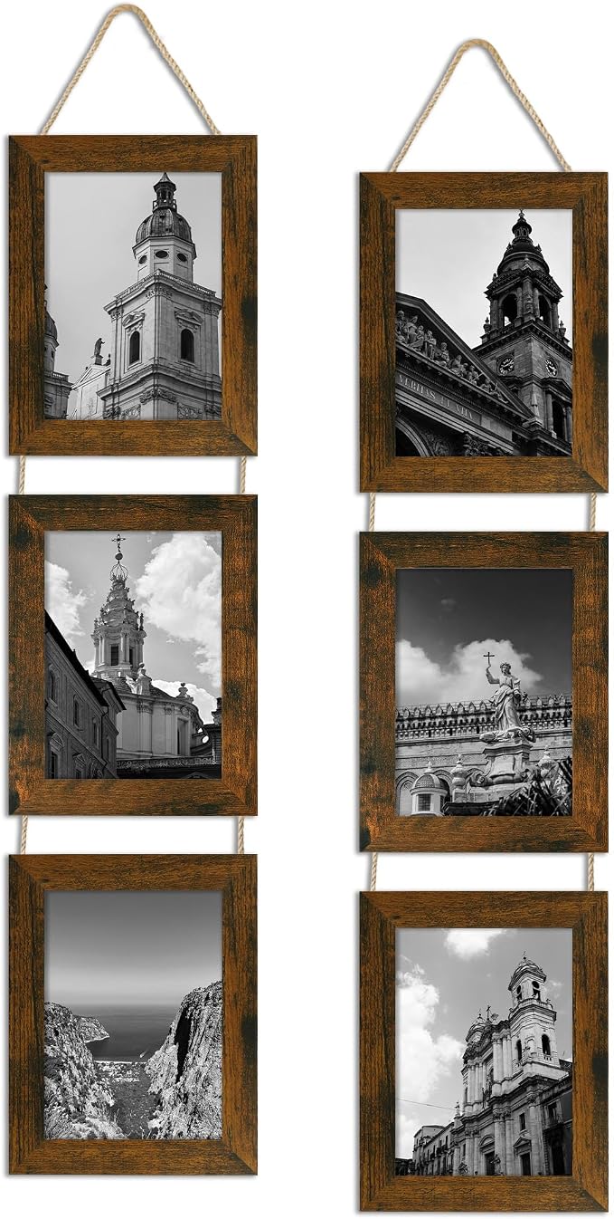 5x7 Collage Picture Frames Set of 2, Rustic Wooden Real Glass Vertical Hanging 3 Opening 5 by 7 Photo Frame, Brown