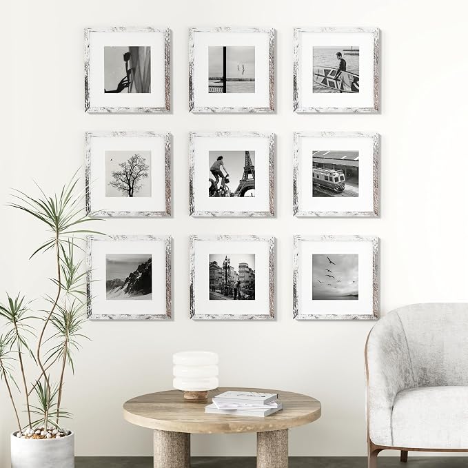 Vittanly 12x12 Picture Frames Set of 9 for Wall Mounting, Distressed White | Display Pictures 8x8 with Mat or 12x12 without Mat for Wall Mounting, Square Photo Frames for Home Decor, Engineered Wood