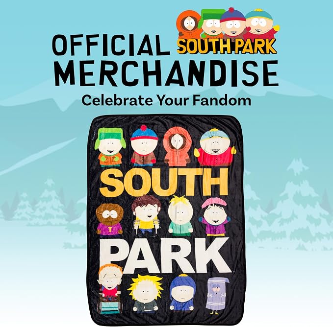Silver Buffalo South Park Group, Fleece Throw Blanket, 45x60in | Kenny, Kyle, Stan, Eric Cartman, Tolkien, Jimmy, Butters, Wendy, Timmy, Tweek Tweak, Craig, Towelie, Soft and Cozy, 180 GSM