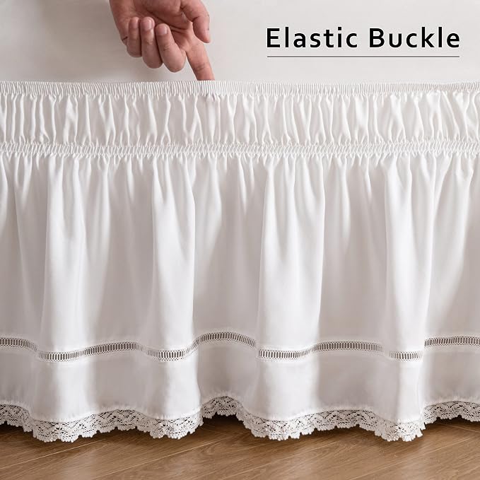MIYE Wrap Around Ruffled Lace Bed Skirt, Elastic Dust Ruffle with Adjustable Belts, Easy to Put On, Bed Frame Cover, Machine Washable (Floral Lace/White, Full/Twin-15 Drop)