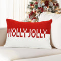 Holly Jolly Christmas Pillow Covers, 12x20, Hooked Wool Embroidered Throw Pillows for Home, Red & White