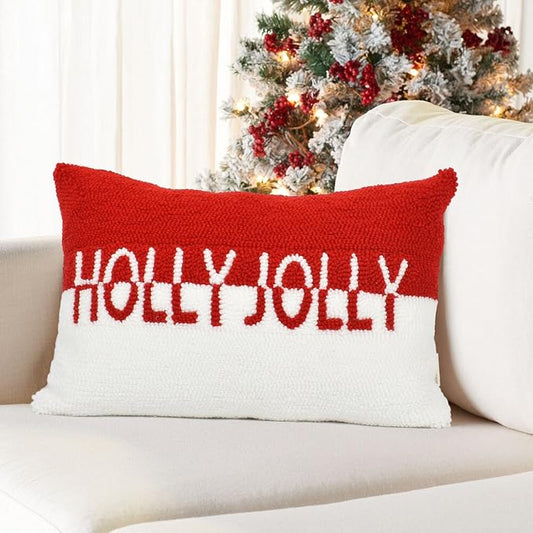 Holly Jolly Christmas Pillow Covers, 12x20, Hooked Wool Embroidered Throw Pillows for Home, Red & White