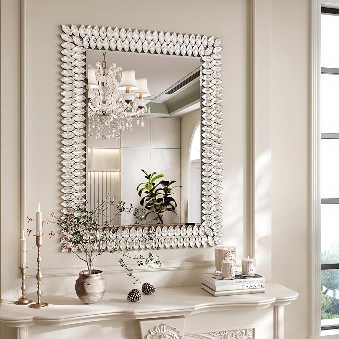 Kelly Miller 30"x40" Jeweled Luxury Rectangle Decorative Wall Mirror | Elegant diamond beveled vanity mirror. Perfect large wall mirror for living room, bathroom, entryway.
