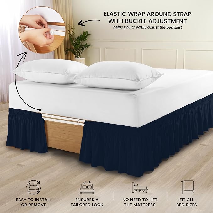 Wrap Around Queen Bed Skirt, Easy Fit Elastic Belt, 16 Inch Drop, Navy | No Mattress Lifting, Stay-Put Design, Adjustable Buckle & Elastic Belt, Wrinkle & Fade Resistant, Brushed Microfiber