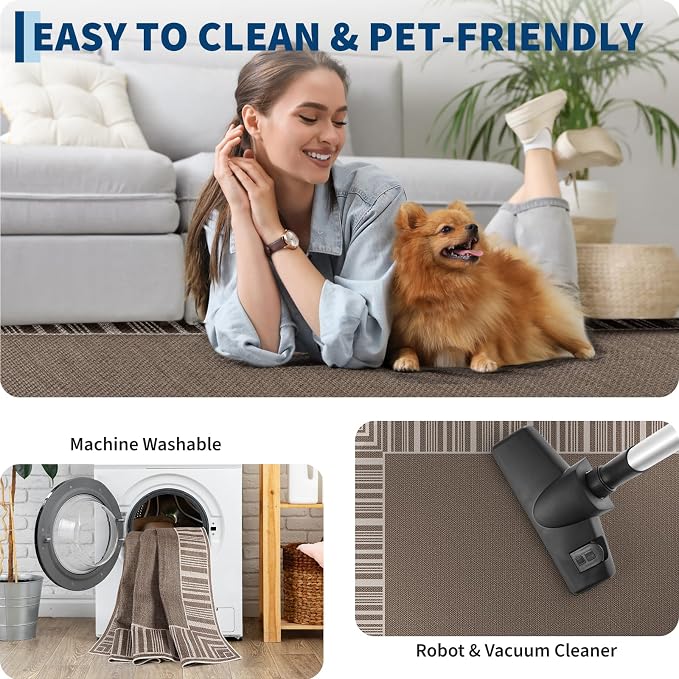 COZYLOOM Washable Rugs 8x10 Easy Jute Area Rug for Living Room, Non Slip Non Shedding Modern Bordered Carpet Stain Resistant Foldable Neutral Striped Mats for Bedroom, Dining Room, Patio, RV, Taupe