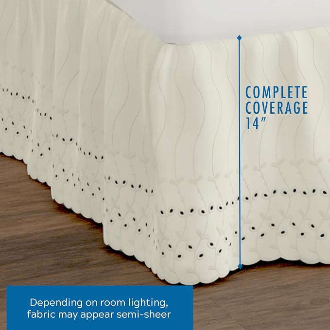 Fresh Ideas Eyelet Bed Skirt, Ruffled Design, 14 Inch Drop, Embroidered Scalloped Edge, Queen, Ivory
