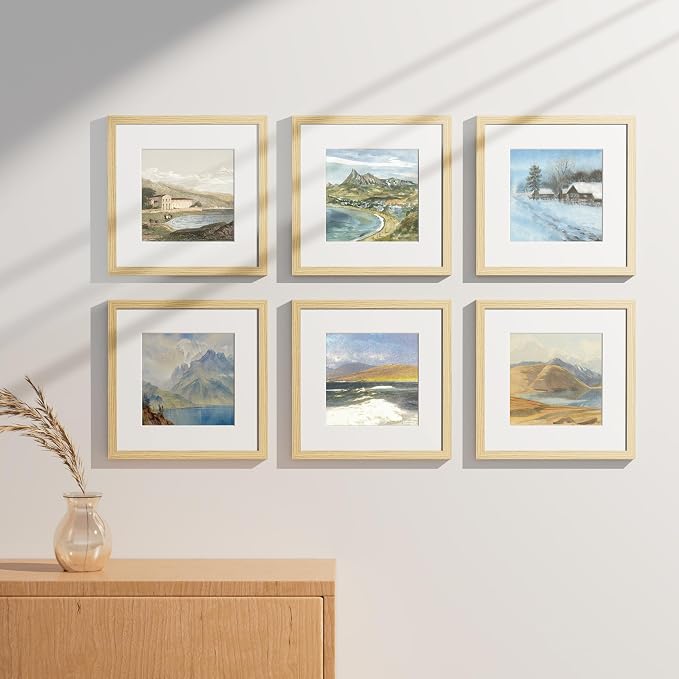 Vittanly 12x12 Picture Frames Set of 9 for Wall Mounting, OAK | Display Pictures 8x8 with Mat or 12x12 without Mat for Wall Mounting, Square Photo Frames for Home Decor, Engineered Wood
