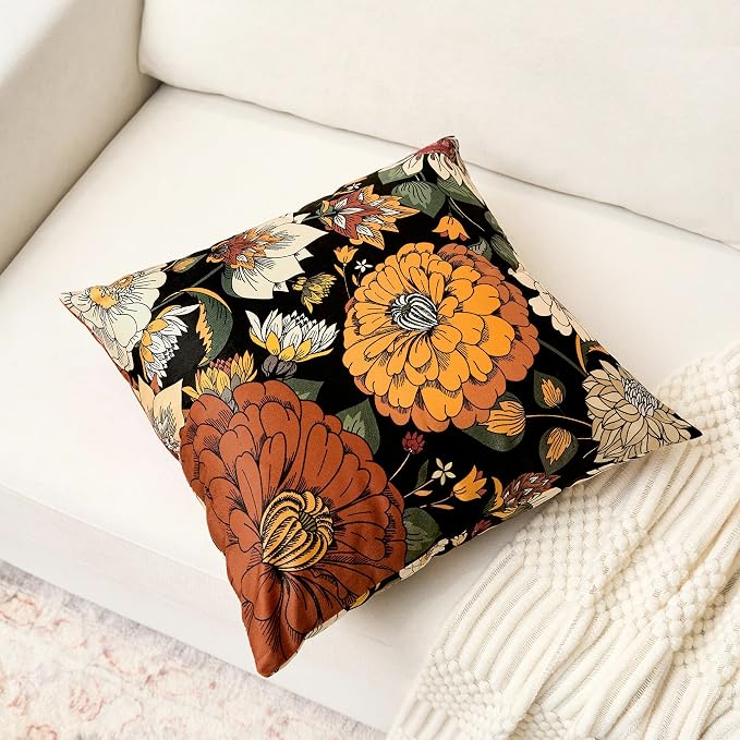 Tyrot Black Boho Floral Velvet Throw Pillow Covers 18x18 Inch Set of 2 Farmhouse Vintage Cushion Covers Mid Century Modern Botanical Home Decor Pillow Cases for Couch Bed Sofa Living Room, Bedroom