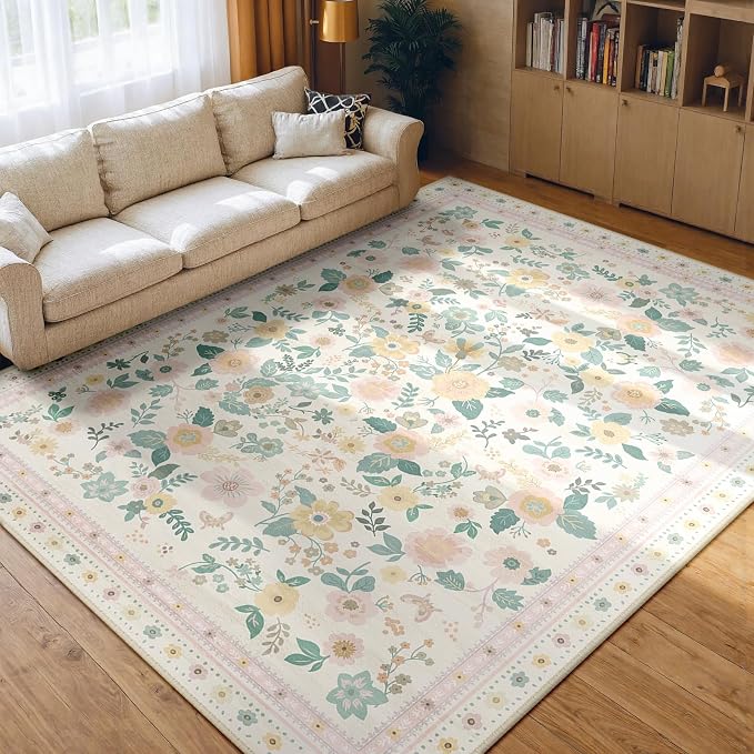 Washable Floral Area Rug for Living Room 8x10 Light Beige | Non-Slip，Vacuum-Friendly, Low Pile, Flower Carpet for Bedroom Kitchen Entryway Dining Room Office Nursery