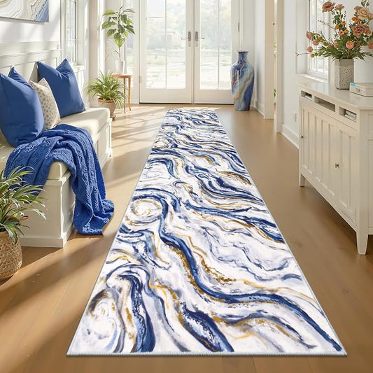 Yamaziot 2x10 Washable Modern Abstract Runner Rug Non-Slip for Hallways | Stain Resistant Kitchen Rug with Rubber Backing, Low Pile, Ultra Soft Carpet Runner for Bedroom, Laundry, Entrance,Blue