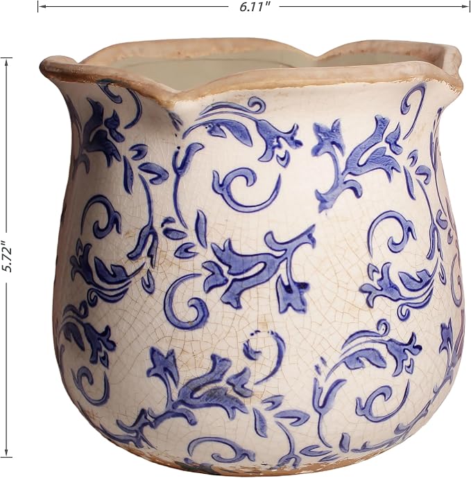Retro Distressed Ceramic Pots, Antique Crackle Glaze Planters w/ Drainage | Blue and White Chinoiserie Pottery Vase for Indoor Outdoor Plants, Living Room Balcony Office Decor, Gardening Gifts
