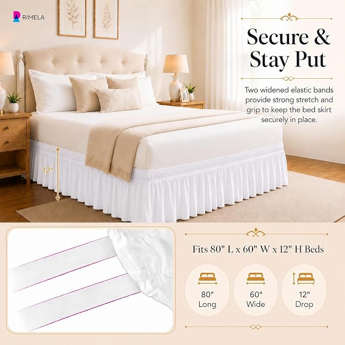 White Bed Skirt Queen Size 12 Inch Drop, Elastic Wrap Around Bedskirt | Solid Ruffled, Easy to Use, No Mattress Lifting, Wrinkle & Fade Resistant, with Adhesive Strips, Machine Wash/Dry/Iron