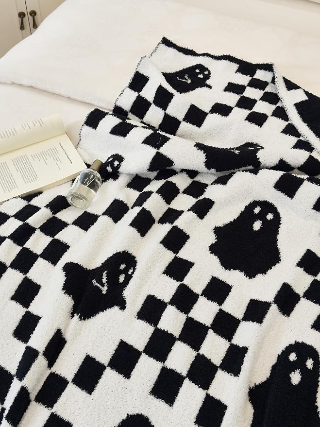 Ultra Soft Cozy Checkered Ghost Halloween Knitted Baby Blanket Fluffy Microfiber Checkerboard Bed Blanket Lightweight Both Sides t for Couch Sofa Bed 30"X40"Black