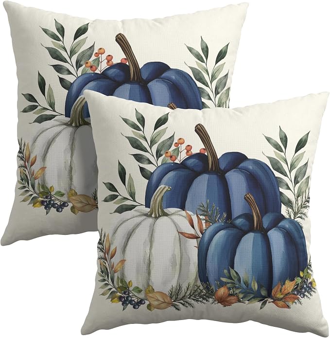 Pumpkins Throw Pillow Covers 22x22 inch 2 Packs Fall Blue and White Pumpkin Pillowcase Autumn Thanksgiving Vintage Outdoor Decorations Cotton Linen Cushion Cover for Home Bedroom Sofa Chair