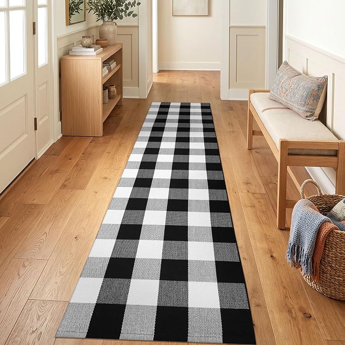 KOZYFLY Buffalo Plaid Rugs 2x8 Ft Runner Rug for Hallway, Black and White | Washable Kitchen Runner Rug, Woven Cotton Entryway Runner, Checkered Carpet Runners for Bedroom Living Room Farmhouse