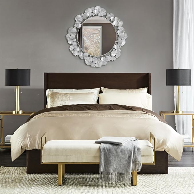 Martha Stewart Wall Décor Large Gingko Leaf Round Wall Mirror for Living Room, Iron Metal Plate Frame Antique Finish, Ready to Hang Bedroom Decoration, Eden, 30.5", Silver