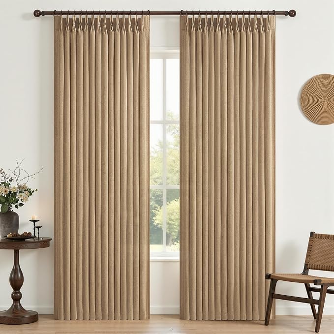 Pleated Linen Rust Brown Curtains 84 Inches Long 2 Panels Set for Bedroom, Memory Trained Pinch Pleat Light Filtering Semi Sheer Window Drapes Living Room Rustic Curtain 84 Inch Length with Back Tab