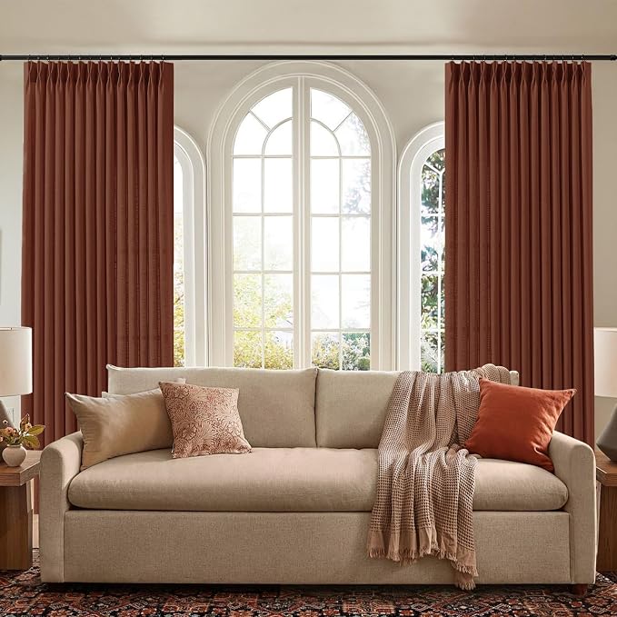 108 Inch Linen Pinch Pleated Sheer Linen Blend Curtains for Living Room | Light Filtering, Bedroom, Semi Sheer, Pinch Pleat, Linen Blend, Hook Rings, High Ceiling Curtains, Chestnut Brown, 2 Panels