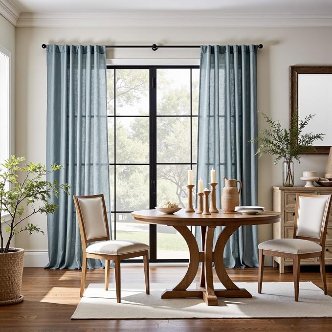 jinchan Linen Curtains Light Filtering Back Tab 50x84 Inch 2 Panels Blue | Semi Sheer Curtains 84 inch length for Bedroom Living Room, Modern Farmhouse Drapes with Rod Pocket, Natural Boho Curtains