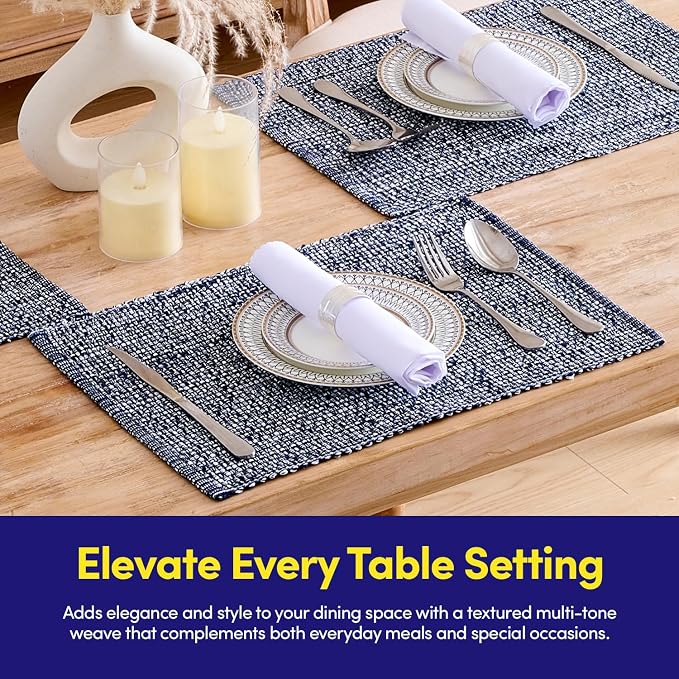 Sweet Home Collection 100% Cotton Placemats for Dining Room Rectangle Two Tone Woven Fabric 13" x 19" Soft Durable Table Mat Set, Set of 4, Navy