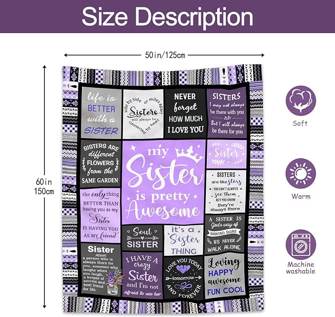 Ruvinzo Sister Gifts from Sis, Sisters Birthday Gift Idea, Best Sister Ever Gift for Women, Birthday Gifts for Sisters, Sis Soft Purple Throw Blanket 60" x 50"
