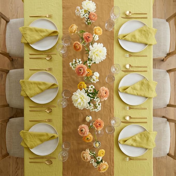 Solino Home 100% Pure Linen Table Runner Caramel Woven, Fete 14 x 72 in | dresses up dining tables for everyday meals, European flax fibres, handcrafted by skilled artisans, soft, OEKO-TEX Certified