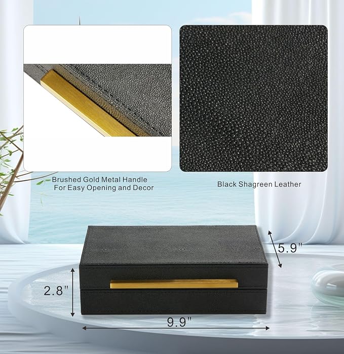 Sagala Black Decorative Shagreen Box With Gold Handle, Keepsake Box Jewelry Organizer Box, Faux Leather Storage Box For Modern Home Decor (Black-Gold, 1pack)