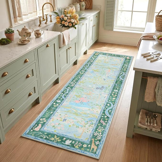 Long Runner Rug for Hallway 2x8 Whimsical Woodland Throw Runner Carpet Non Slip Stain Resistant Nursery Forest Runner Mat Washable Safari Animal Rugs for Living Room Kitchen Bedroom, Teal/Blue