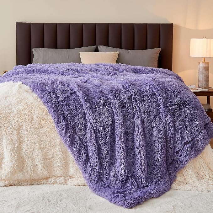 GONAAP Fuzzy Faux Fur Throw Blanket for Couch, Lavender, 50"x60" | Warm Cozy Plush Shaggy Decorative Reversible Thick Non-Heated Fleece Blanket for Sofa Bed, Gift for Women Men, All Season Use